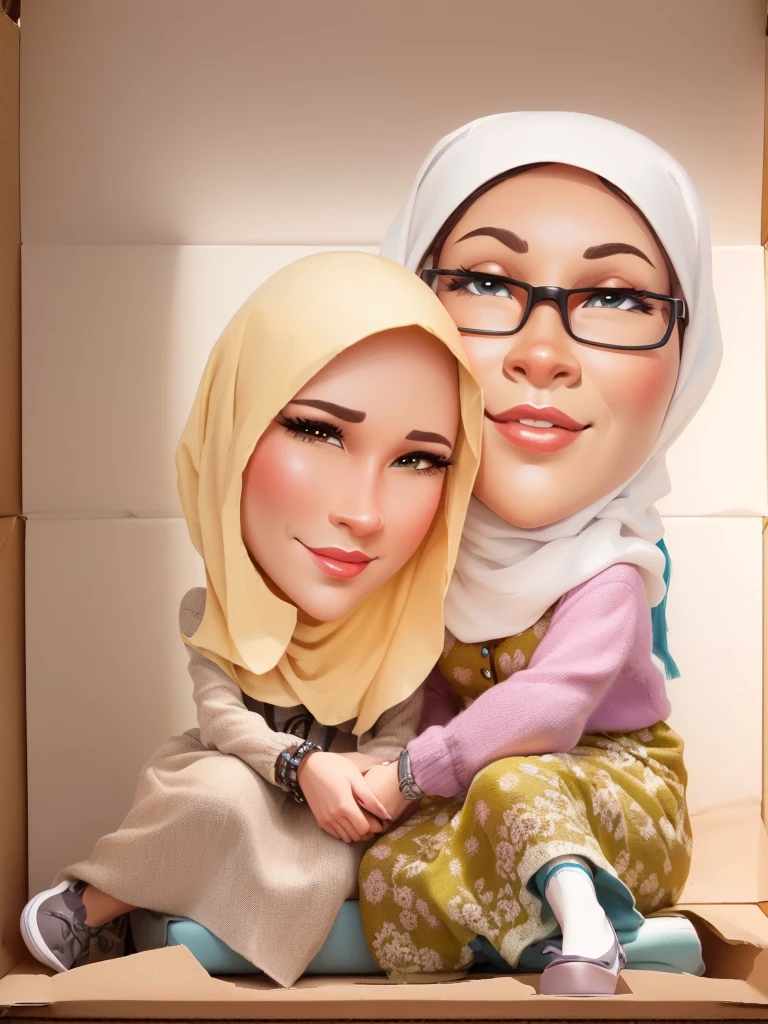 there is a cartoon picture of a woman and a  in a box, Wearing a hijab and long Muslim dress, caricature illustration, digital art cartoon, cartoon portrait, cartoon digital art, in cartoon style, cartoon artstyle, potrait, cartoon art, cartoon digital painting, inspired by JoWOnder, by Abidin Dino, caricature style, caricature, 3 d cartoon, caricature!!!, charicature