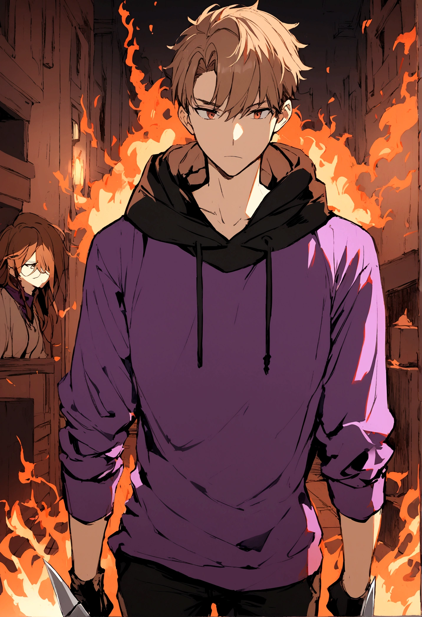 1boy, brown hair, black hoodie, black pants, two kitchen knifes, hell fire in the background, 1girl behind him, purple shirt, black pants, long light brown hair