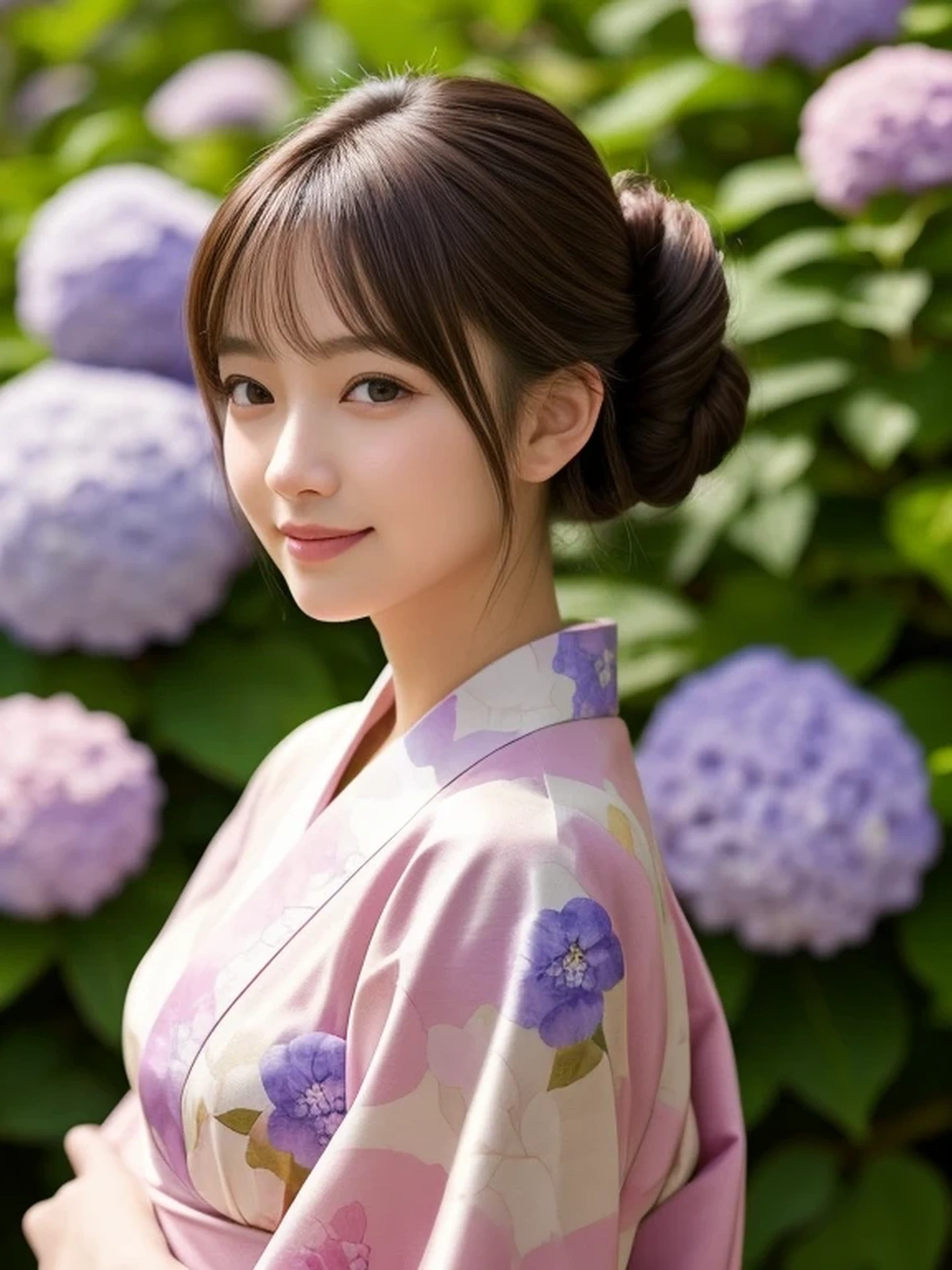 1 Japanese girl, (Looking at Viewer
:1.4), (upper body shot:1.2), Beautifully detailed eyeballs, catchlight in the eyes, Realistic digital painting of a woman portrait, Shy, Cute, happy smile, brown eyes, (half updo,:1.1), (light brown brunette hair:1.3), (Highly detailed skin:1.2), Mystical style, Global Illumination, Traditional Japanese floral printed Kimono, A silk kimono with pink base. A garden with many blooming hydrangeas