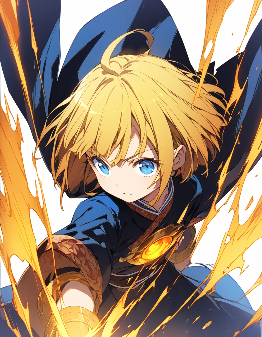 A girl fighting with golden flames (Short Bob Hair:1.4),(Blue eyes)輝く炎
