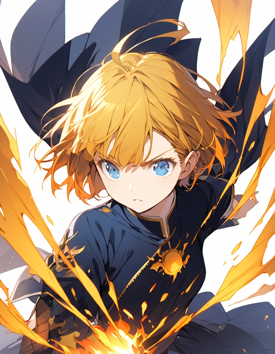 A girl fighting with golden flames (Short Bob Hair:1.4),(Blue eyes)輝く炎