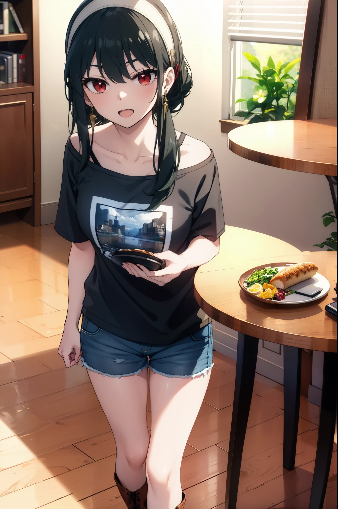 Yorbraia, Yor Briar, Black Hair, (Red eyes:1.5), Earrings, gold hair band, hair band, Long Hair,  (Medium chest:1.2), happy smile, smile, Open your mouth,Oversized one-shoulder t-shirt,Shorts,Black pantyhose,short boots,,whole bodyがイラストに入るように,Walking,food, drink, Tables and chairs, cleaning, tray, tray in one hand
break indoors,room,living,
break looking at viewer, whole body,
break (masterpiece:1.2), Highest quality, High resolution, unity 8k wallpaper, (figure:0.8), (Beautiful attention to detail:1.6), Highly detailed face, Perfect lighting, Highly detailed CG, (Perfect hands, Perfect Anatomy),