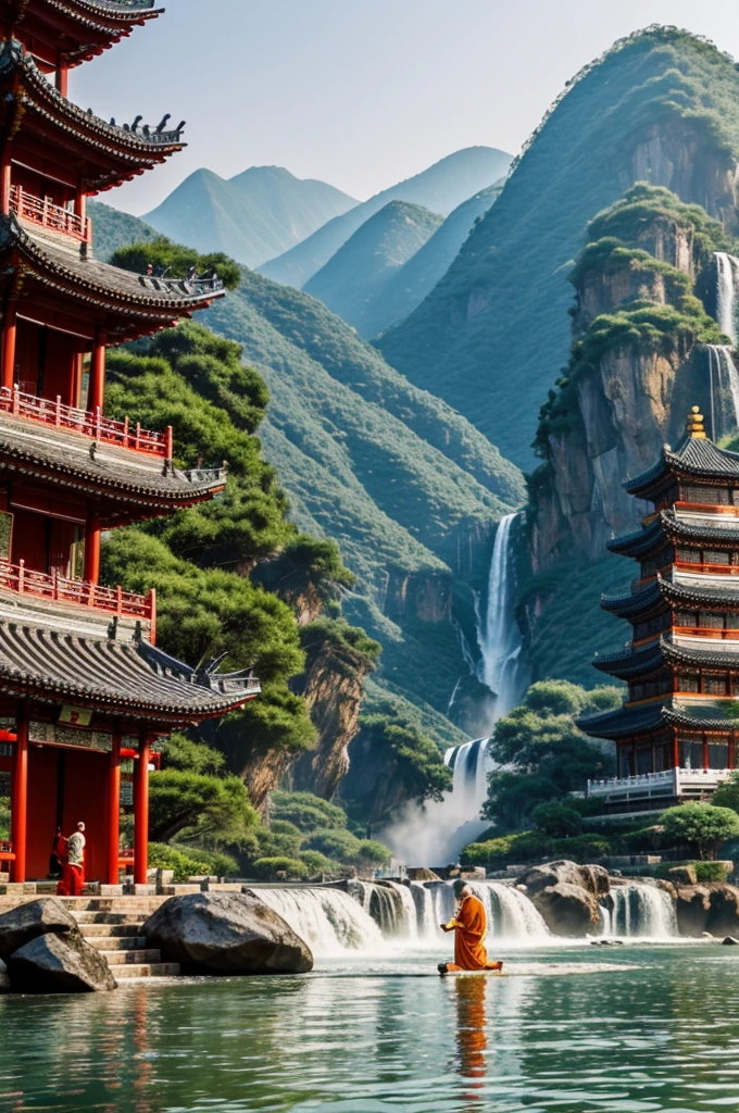 Chinese monk practicing martial art under waterfall in a scenic China with Chinese temple on the mountain in the background the 