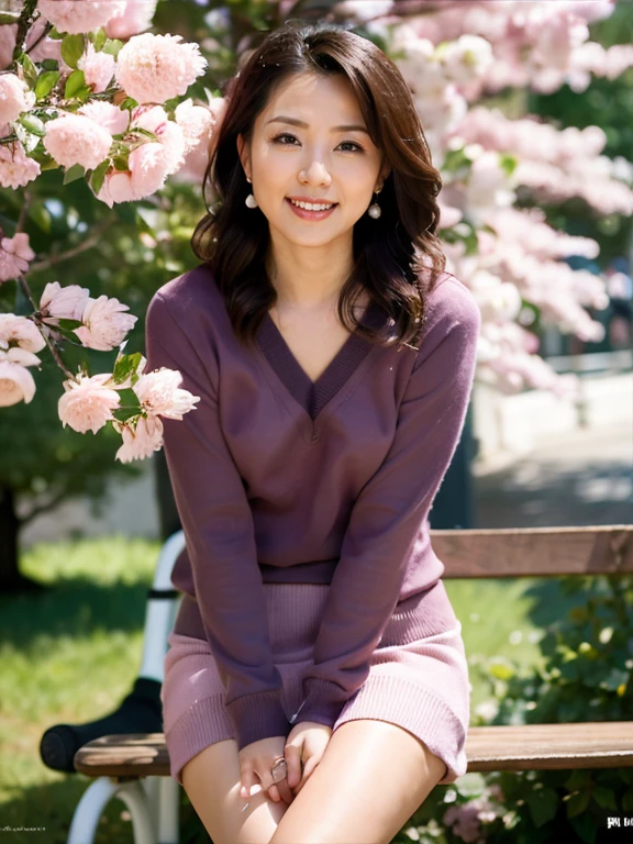 (RAW Photos:1.2), (Realistic:1.4),Beautiful detailed woman,非常にfine grainと顔, fine grain, Very detailed,High resolution, Highest quality,8k wallpaper,masterpiece,Highest quality,1 female,alone,rich,Whole Body Ezbian,(A little thick:0.9),Toned figure,,Tight waist,alone,(Purple V-neck knit,No sleeve、mini skirt,High heels),Pearl Earrings,One-length curly hair,A kind smile,A dignified atmosphere,black eye,Realistic,Park bench、Cherry Blossom,(((sweat, blush, open mouth)))