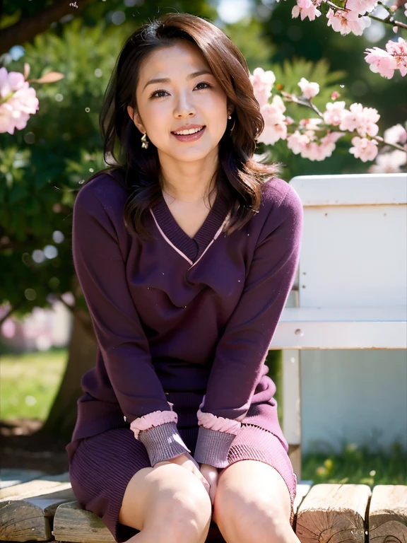 (RAW Photos:1.2), (Realistic:1.4),Beautiful detailed woman,非常にfine grainと顔, fine grain, Very detailed,High resolution, Highest quality,8k wallpaper,masterpiece,Highest quality,1 female,alone,rich,Whole Body Ezbian,(A little thick:0.9),Toned figure,,Tight waist,alone,(Purple V-neck knit,No sleeve、mini skirt,High heels),Pearl Earrings,One-length curly hair,A kind smile,A dignified atmosphere,black eye,Realistic,Park bench、Cherry Blossom,(((sweat, blush, open mouth)))