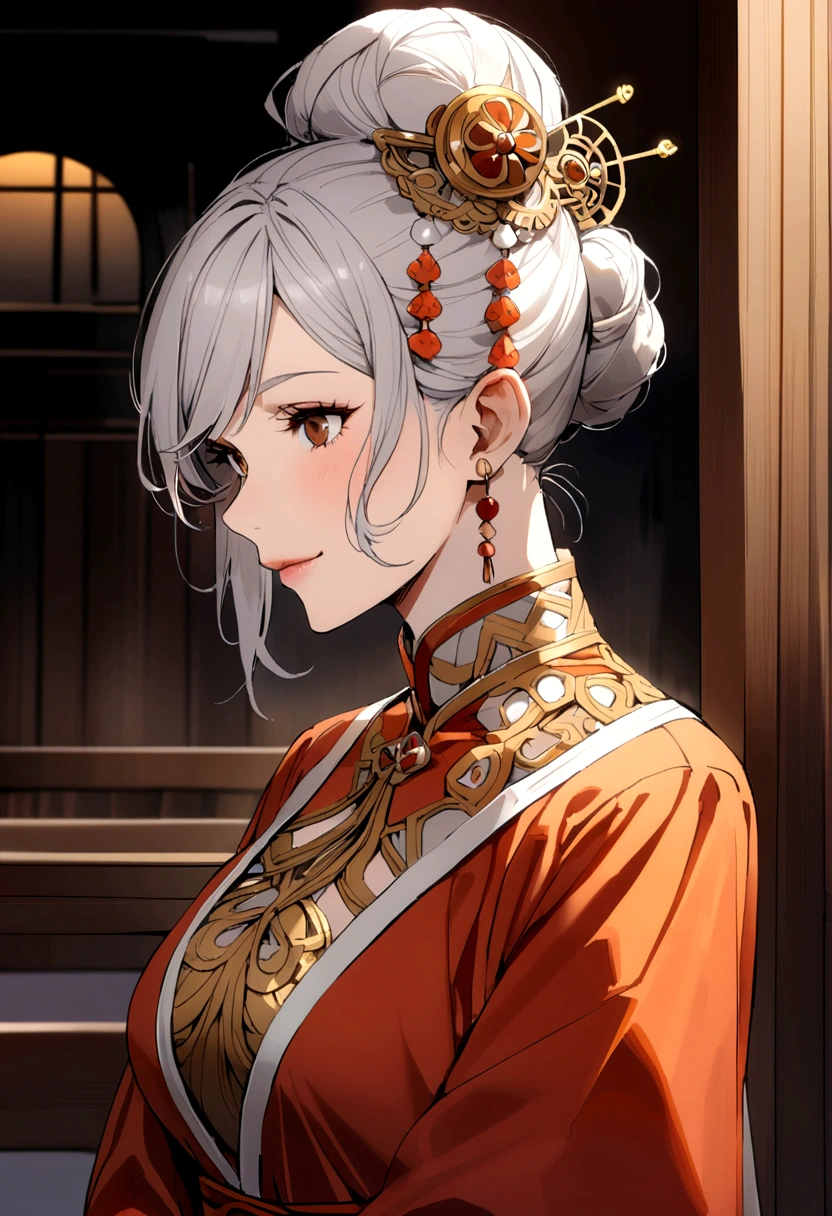 50 year old woman, white hair, bun with hairpin, brown eyes, orange dress, red jacket