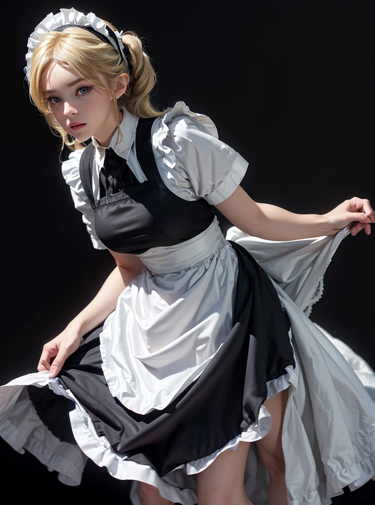 a beautiful girl,blonde pigtail hair,looking at the viewer,standing,(Very Detailed: 1.3),ultra realistic,HDR,(High Dynamic Range),8K RAW,(((1GIRL))),(((wearing maid dress))),(((black background))),masterpiece,best quality,perfect proportions