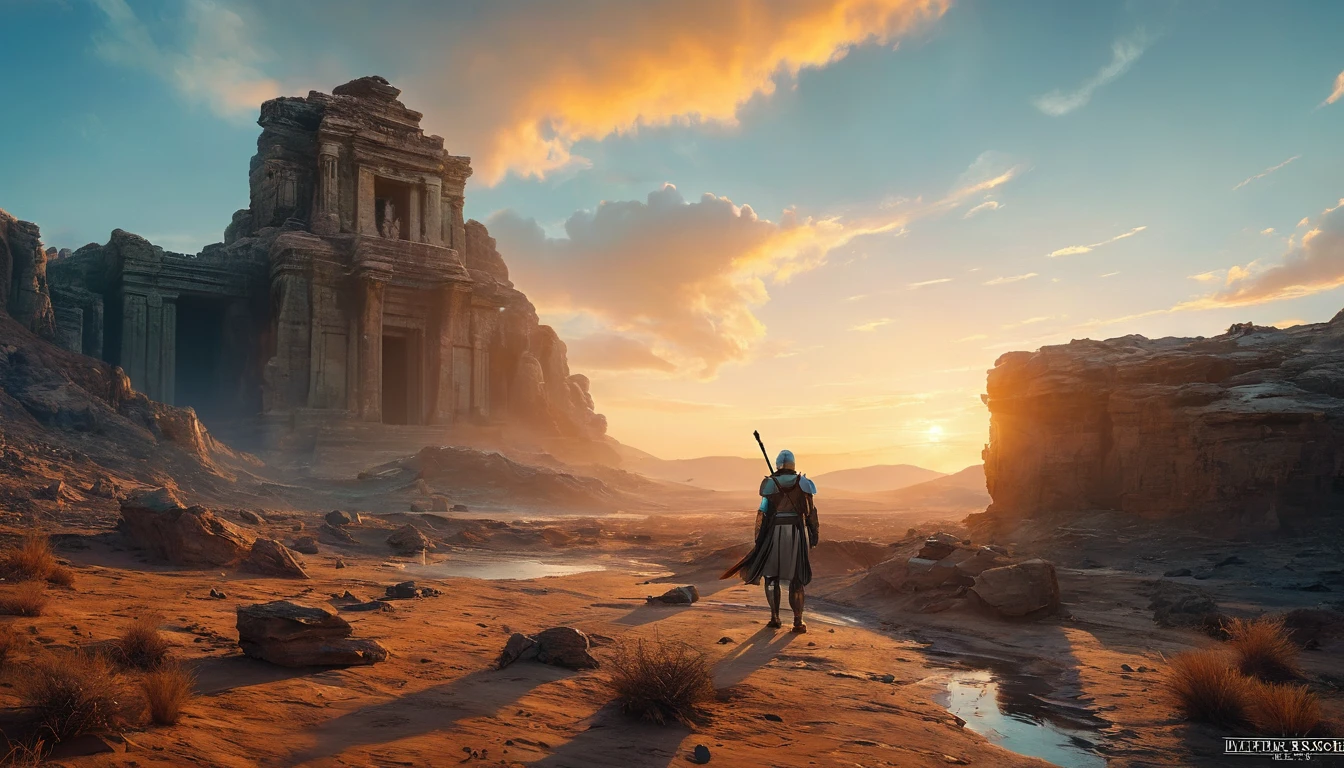 View a vast desert landscape bathed in golden twilight, evoking the iconic Star Wars look. In the center of the scene, a Jedi in a flowing cape stands silhouetted against the orange sky, your glowing blue lightsaber in your hand, pronto para enfrentar qualquer desafio. The ruins of an ancient civilization rise majestically in the background, and the remains of a fallen AT-AT adorn the landscape. The atmosphere is charged with expectation, as if an epic battle was about to begin.hyper realistic composition,32k resolution,cinematic composition,cinematic color grading.photography whit Phaseone 85mm,depth of field.pantones #CEDBE1#D3B9AO#73503C#A6826D#261B17
