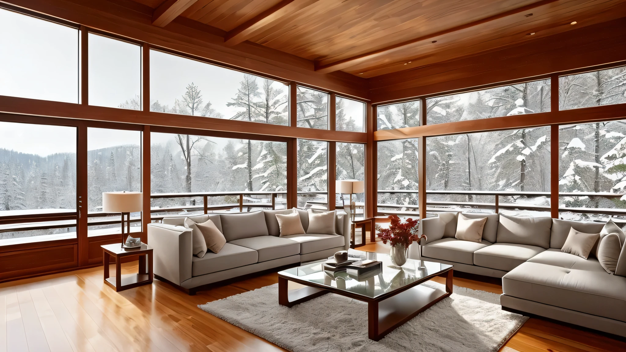 In an enchanting snow-covered winter morning, a serene modern living room unfolds, as if inspired by the tranquil landscape of Japan. The room, decorated in a cabin-core aesthetic, boasts a fireplace, bookshelves, a plush couch, and expansive windows with a breathtaking view.
Crafted in the V-Ray drawing style, the room exudes an organic and natural layout that seamlessly blends with the winter wonderland outside. The room's exquisite brightness reflects off the glazed surfaces, casting a warm and inviting glow. Every detail, from the meticulously designed bookshelves to the cozy couch, exudes an air of