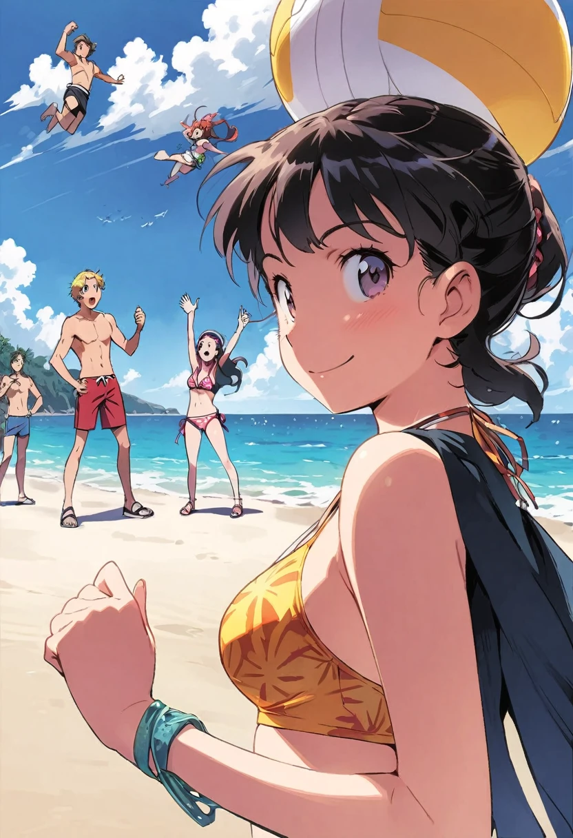 sleeve cape, boys and girls, manga style, beachfront, bikinis, having fun at sea, voleyball na beachfront
