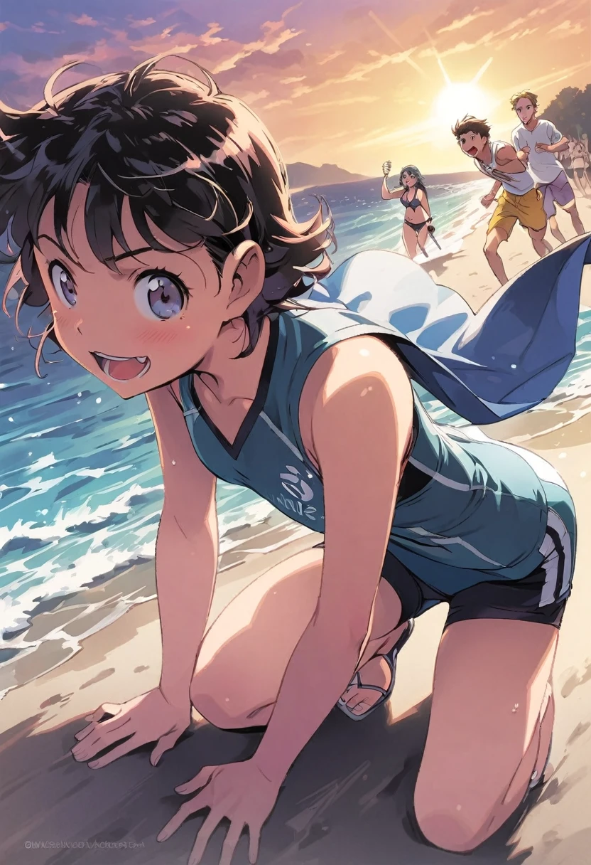 sleeve cape, boys and girls, manga style, beachfront, bikinis, having fun at sea, voleyball na beachfront