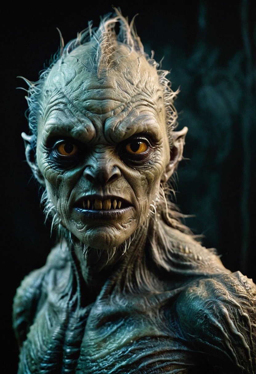 hyper realistic and highly detailed, an otherworldly horror creature, monster skin seamless texture, half body portrait, dramatic shadow evocative analog film noise, half body portrait, cinematic, movie still, captured in the style of Sony Alpha A7 III camera