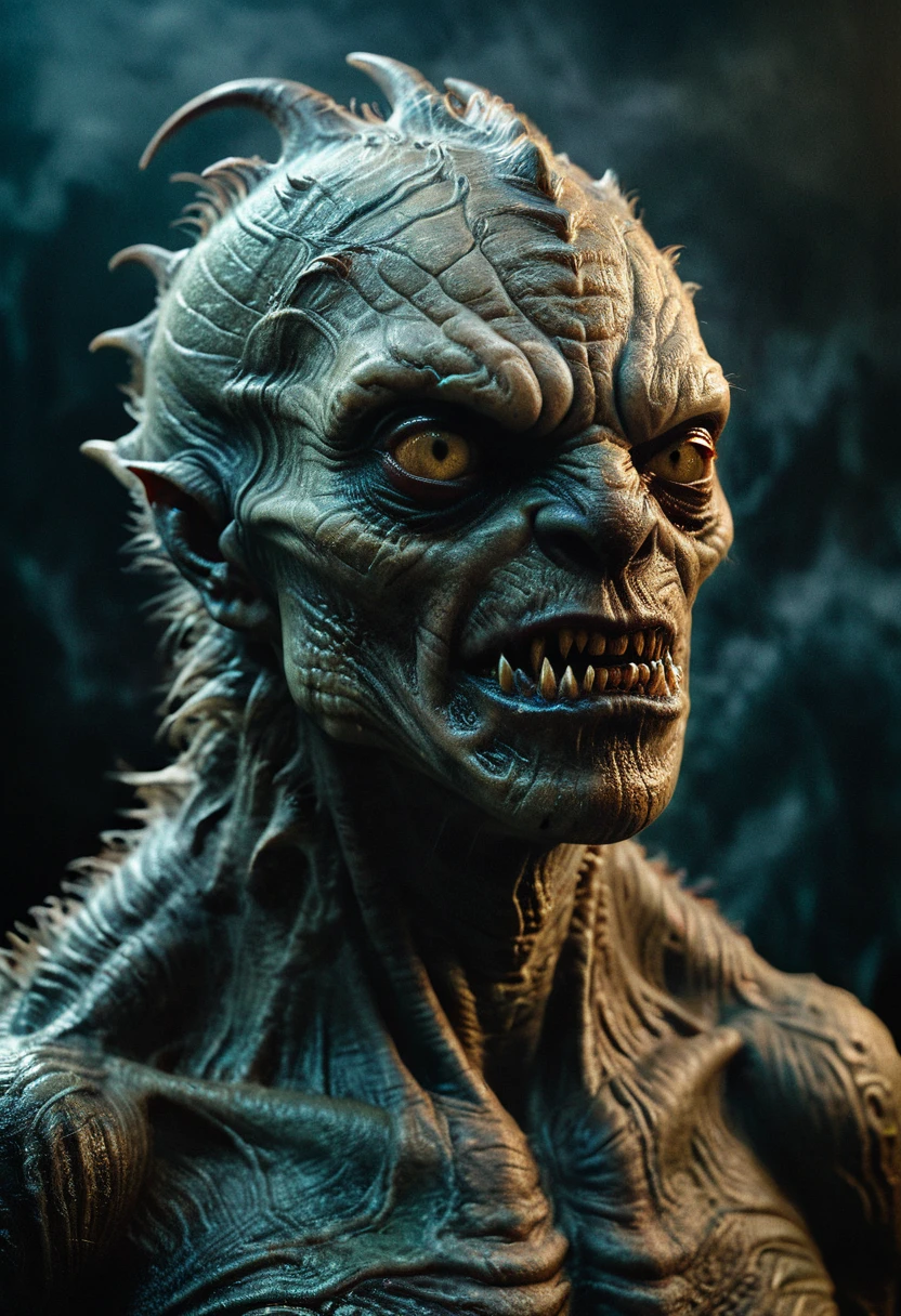 hyper realistic and highly detailed, an otherworldly horror creature, monster skin seamless texture, half body portrait, dramatic shadow evocative analog film noise, half body portrait, cinematic, movie still, captured in the style of Sony Alpha A7 III camera