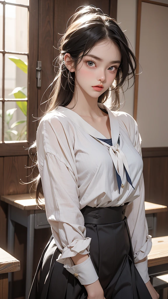 There is a beautiful woman. She is a stunning beauty, half French and half Japanese. Her face is incredibly beautiful, with beautiful blue eyes and beautiful straight long hair, which is bright blonde. Her facial expression is like she is angry, frowning and puffing her cheeks. Please dress her in a Japanese high , a sailor suit. The top is a white blouse, and the skirt is a gray sailor suit. The composition is a close-up from the chest up only. The beautiful woman is made to face straight ahead, and it feels like she is complaining towards us. No sideways. As for the story, the beautiful woman is in a situation where she is having a verbal fight. The background is a school classroom. Please express this