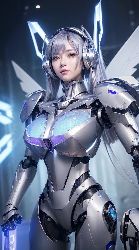 ((Intense action pose:1.6))、((Shining lenses on both breasts:1.3))、((Blue pillars of light are emanating from both chests.:1.3))、smile、((8K)), ((32k)), ((Highest quality)), ((masterpiece)), ((超A high resolution)), ((Tmasterpiece)), ((Halation:1.4))、((Mechaニカルheadgear:1.2))、((Cyber headphones:1.3))、Fine skin, High quality fabric, Fine metal texture、((Beautiful and dense face))、RAW Photos、Professional, Ultra-fine painting, ((alone)), Beautiful breasts、Highest quality, Very detailed, Very detailed詳細, Finer details, so beautiful, ((Princess Knight Robot:1.2)),  (Joints of machines, Mechanical Limbs:1.3), (The internal structure of the machine is exposed:1.3), (Long silver hair:1.1), (Beautiful and huge mechanical breasts)、White Veil, cowboy_shot, Side Focus, headgear, Shiny、(Five Fingers, Four fingers and thumb),Concept Art, Anime fantasy artwork, Detailed fantasy art, (with pale blue-violet hair and large white wings,,,,,,,), (((Long silver hair))), (Mecha:1.6)、Sleek and intimidating design, ((Commander-in-Chief&#39;arm)), (Perfect robot body)、純白と青紫armまたは, Symmetrical wings, 8K high quality, detailed art, 3D rendering of character art in 8K, neat legs, Defined, Defined fingers,