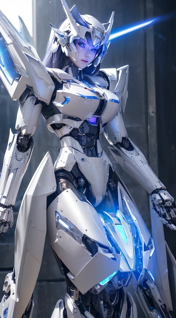 ((Intense action pose:1.6))、((Shining lenses on both breasts:1.3))、((Blue pillars of light are emanating from both chests.:1.3))、smile、((8K)), ((32k)), ((Highest quality)), ((masterpiece)), ((超A high resolution)), ((Tmasterpiece)), ((Halation:1.4))、((Mechaニカルheadgear:1.2))、((Cyber headphones:1.3))、Fine skin, High quality fabric, Fine metal texture、((Beautiful and dense face))、RAW Photos、Professional, Ultra-fine painting, ((alone)), Beautiful breasts、Highest quality, Very detailed, Very detailed詳細, Finer details, so beautiful, ((Princess Knight Robot:1.2)),  (Joints of machines, Mechanical Limbs:1.3), (The internal structure of the machine is :1.3), (Long silver hair:1.1), (Beautiful and huge mechanical breasts)、White Veil, cowboy_shot, Side Focus, headgear, Shiny、(Five Fingers, Four fingers and thumb),Concept Art, Anime fantasy artwork, Detailed fantasy art, (with pale blue-violet hair and large white wings,,,,,,,), (((Long silver hair))), (Mecha:1.6)、Sleek and intimidating design, ((Commander-in-Chief'arm)), (Perfect robot body)、純白と青紫armまたは, Symmetrical wings, 8K high quality, detailed art, 3D rendering of character art in 8K, neat legs, Defined, Defined fingers,