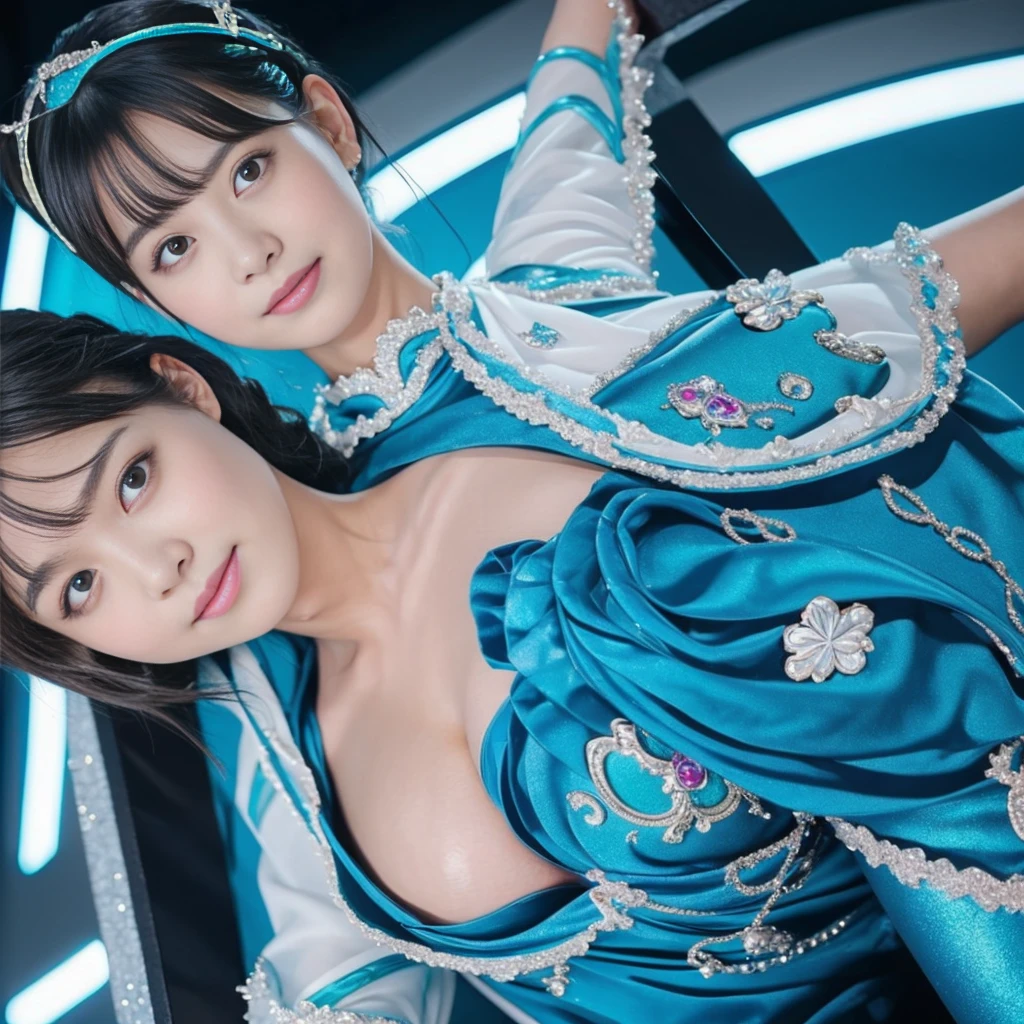 Highest quality,masterpiece,Very detailed, 8K,Beautiful Japan woman at 32 years old:1.5, blunt bangs, Black Hair, Small face, Crucifixion, (Detailed glamorous blue and light blue magical girl heroine outfit:1.5), Ecstatic expression、 ((クロスにCrucifixionにされた女性:1.5, Breast Augmentation Surgery)), Very detailedな臭い脇の下