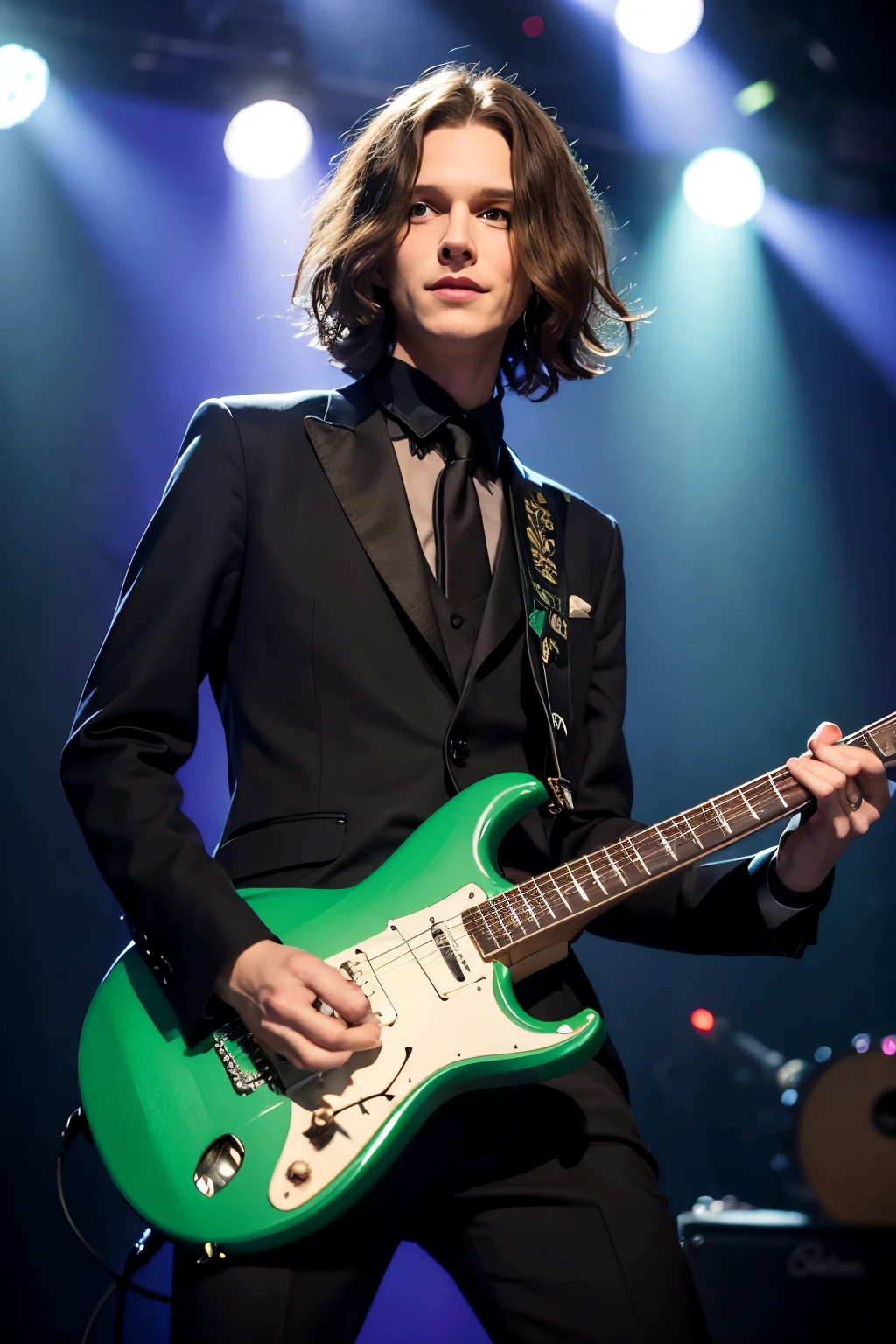 ((Highest quality)), ((masterpiece)), (detailed), Realistic portrait photo, head to foot, man looking like Bjorn Andresen as a boy, tall slender man, bright and vivacious expression, man with dark hair, man with green eyes, black butler costume, on stage in spotlight, Caparison. Guitars, standing, playing an electric guitar made by Guitars