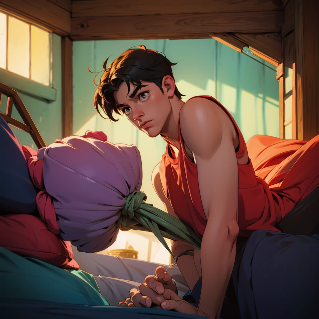 A sick male  lying in his bed