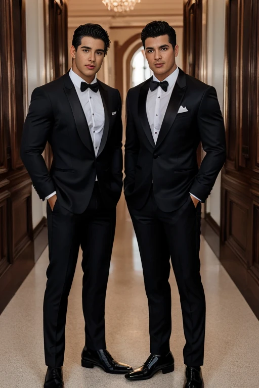 two handsome  vampire  males , gay couple ,refined ,   full body  hunk , ,ultra realistic  ,  spanish men  , ,  , romantic , shirtless  , beefcake , shading , shade , tanned , attractive , beefcake , hispanic , full length , wide view ,  realistic    standing next of them¨*,  a handsome dark haired male  extremely handsome, elegant,  clean shaven , both wearing a black jockstrap ?????, ,  hunk  , desire , seductive , stud  , hunks  , hunk , handsome hunk ,romantic, black suit ,  , standing in front of each other , refined , redifined , roses , rose 