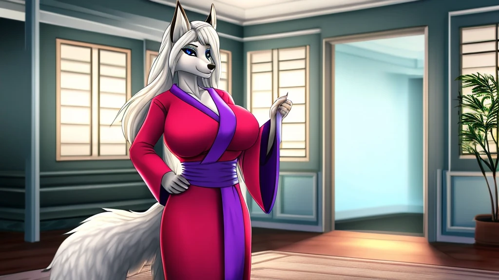 Skye from Paw Patrol series, as a white kitsune fox, mature adult, mommy, big breasts, big butt, kimono, long fluffy white hair with fringe, magenta iris, standing, inside a dojo, detailed, solo, beautiful, high quality, 4K