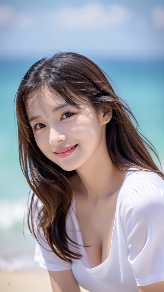 Tabletop、(Highest quality、4K、8K、High resolution、Masterpiece: 1.2)、Super detailed、(Real、Photorealistic、Photorealistic: 1.37)、Full Body Shot、Complex and beautiful eyes、woman、long hair、Natural color lip、whiteＴshirt、Bold and sexy pose、smile、Ocean、 year old girl、A cute and sexy shot looking straight at the camera。