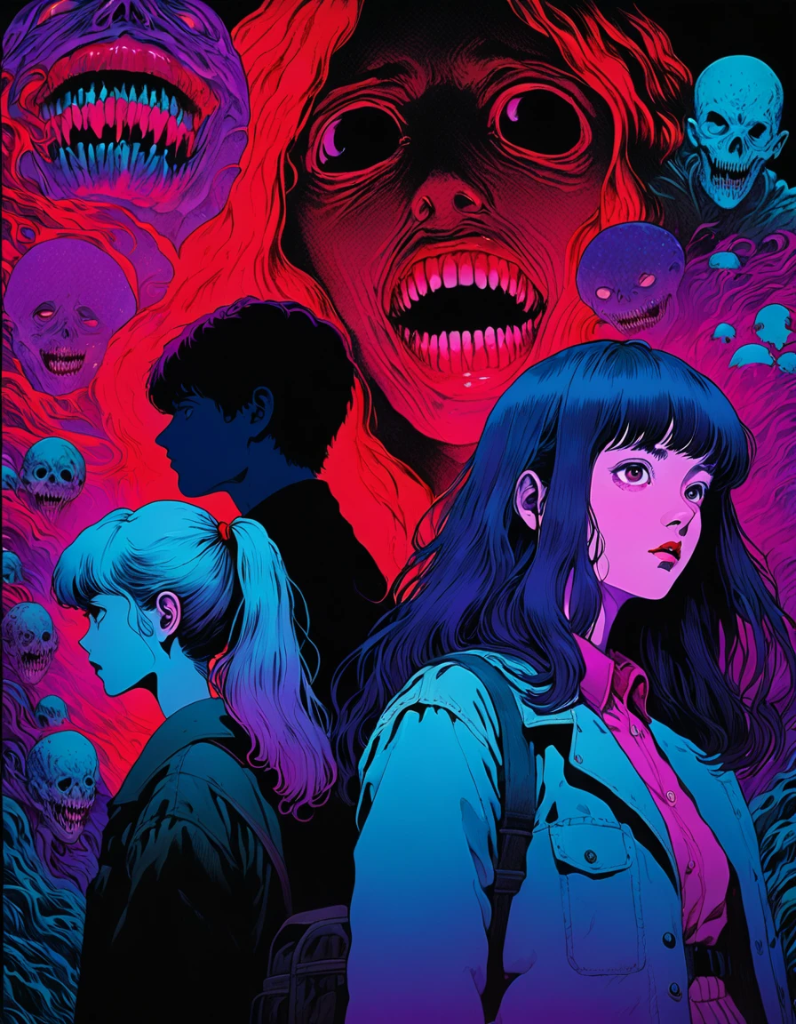 illust、art、from 80s horror movie, directed by Junji Ito、nightmare、Hidden Pictures、double image、Double Imagehigh detail, realsitic shadow、Analog style, vhs style, 8mm film, chromatic aberration, Dvd screengrab、Blue-purple and red-purple gradation、Surrealism