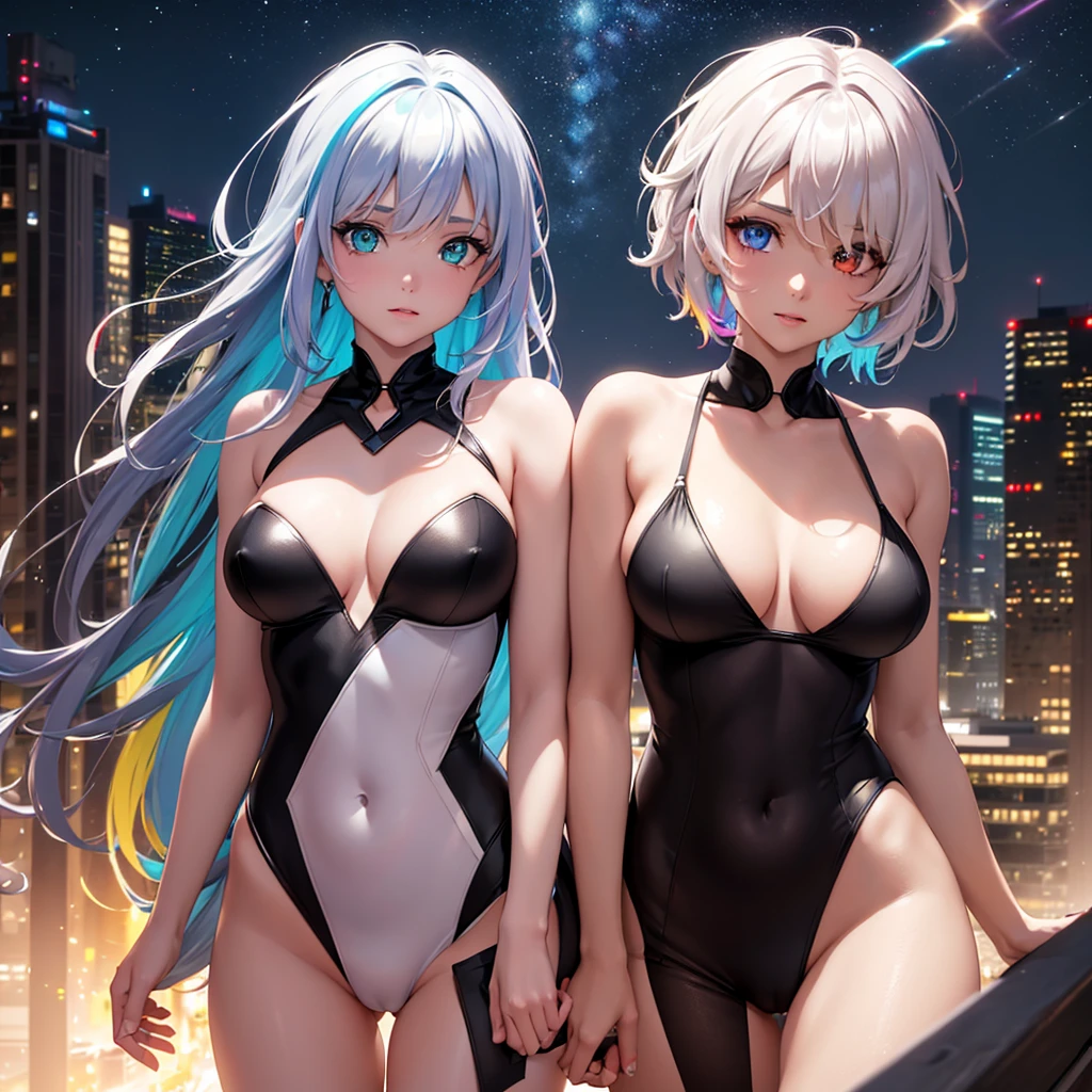 {{masterpiece}}, best quality, extremely detailed CG unity 8k wallpaper, cinematic lighting, lens flare, beautiful detail eyes, black,  side glance,  multicolor short white hair, colorful light, particles, heterochromia, (colorful:1.5), (colorful hair:1.5), show body goal, swimsuit, rooftop view, night,