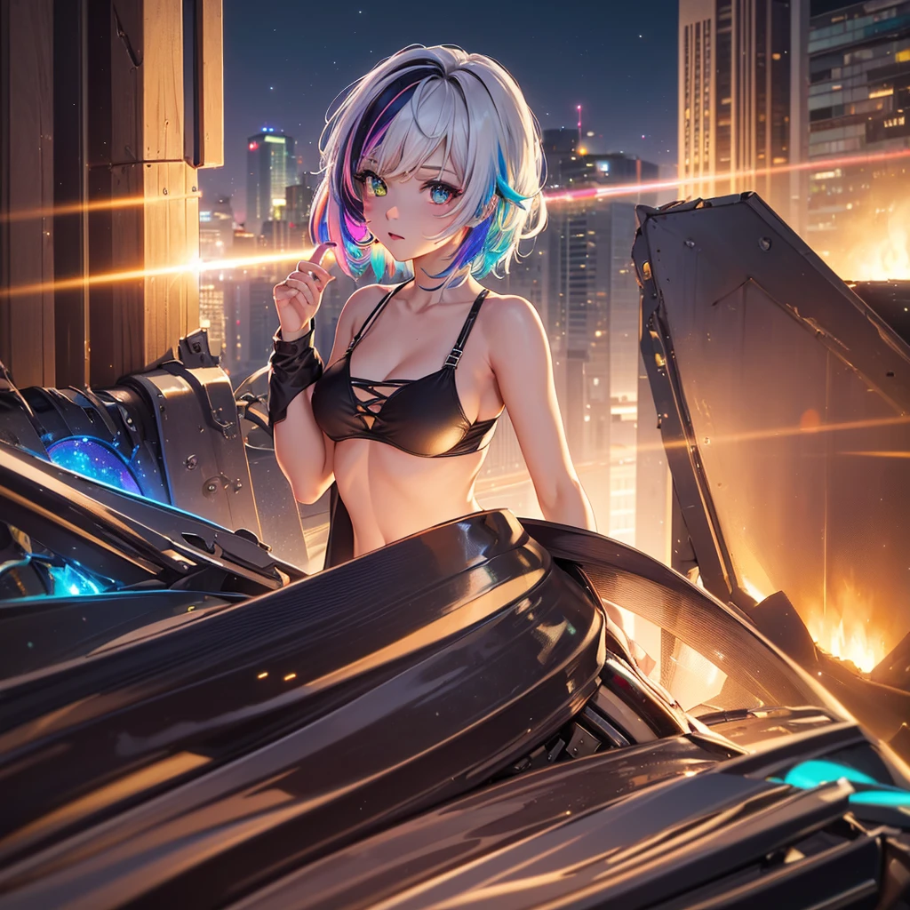 {{masterpiece}}, best quality, extremely detailed CG unity 8k wallpaper, cinematic lighting, lens flare, beautiful detail eyes, black, side glance, multicolor short white hair, colorful light, particles, heterochromia, (colorful:1.5), (colorful hair:1.5), show body goal, swimsuit, rooftop view, night,