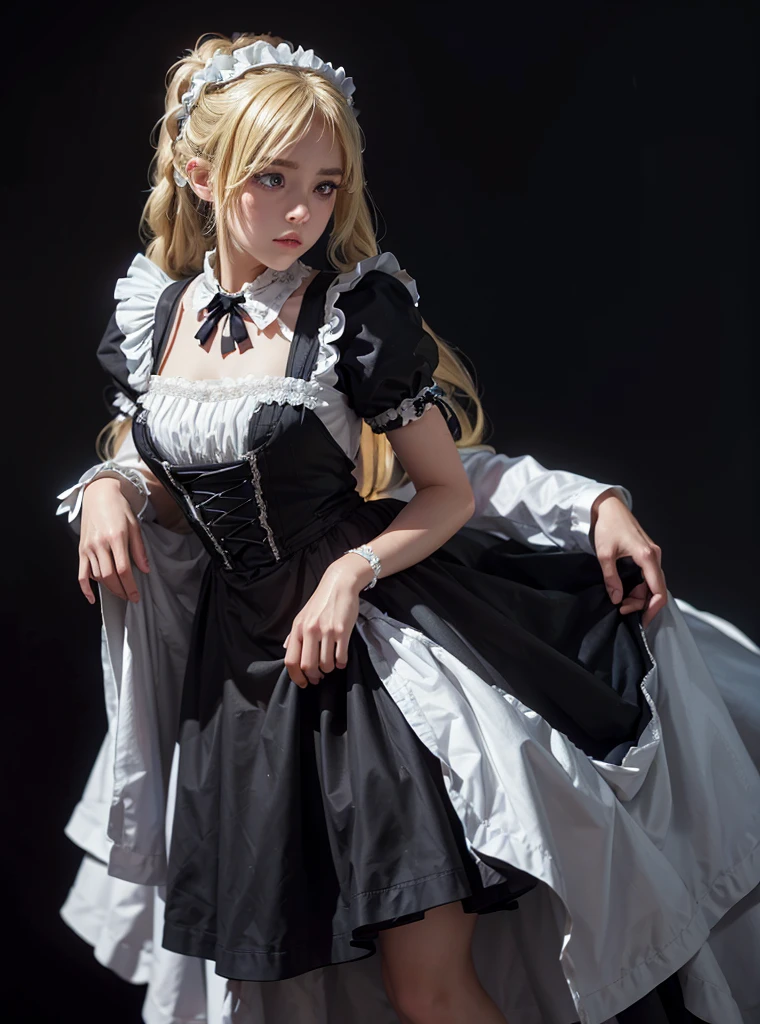 a beautiful girl,blonde pigtail hair,looking at the viewer,standing,sad face,(Very Detailed: 1.3),ultra realistic,HDR,(High Dynamic Range),8K RAW,(((1GIRL))),(((wearing maid dress))),(((black background))),masterpiece,best quality,perfect proportions