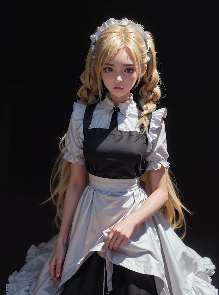 a beautiful girl,blonde pigtail hair,looking at the viewer,standing,sad face,(Very Detailed: 1.3),ultra realistic,HDR,(High Dynamic Range),8K RAW,(((1GIRL))),(((wearing maid dress))),(((black background))),masterpiece,best quality,perfect proportions