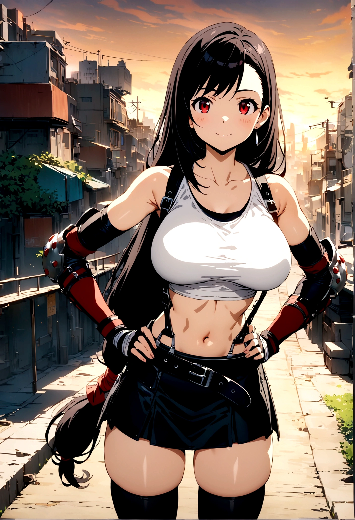 score_9, score_8_up, score_7_up,4k, ,BREAK , from front,thighs angle,standing,straight-on,hands on hips,,(medium shot),looking_at_viewer ,1girl, tifa lockhart, final fantasy, tareme,black hair, low-tied long hair, red eyes, bangs, white tank top, belt, pleated skirt, thighhighs, elbow fingerless gloves, elbow pads, midriff, navel,suspender skirt ,big_breasts,(light smile),Curvy waist ,Solo,,(midnight and beachside and city),Toned,,detailed skin,aesthetic,very aesthetic,masterpiece, best quality, ultra detailed, highres,4k,(ultra-detailed:1.4) (illustration:0.5), (ray tracing,:0.8),(anime colored:0.7),(ai-generated:0.5), (anime screencap:0.7),