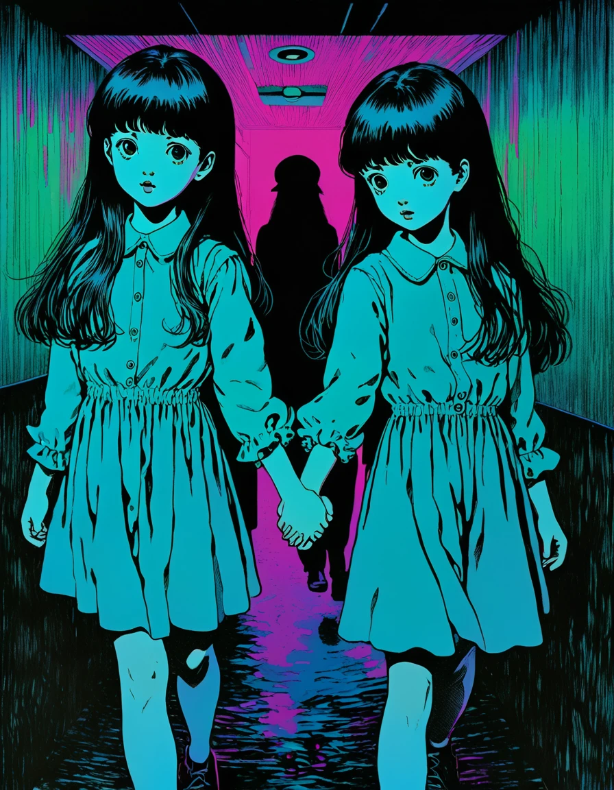illust、art、from 80s horror movie, directed by Junji Ito、Two twin sisters、Holding hands、high detail, realsitic shadow、Analog style, vhs style, 8mm film, chromatic aberration, Dvd screengrab、Surrealism