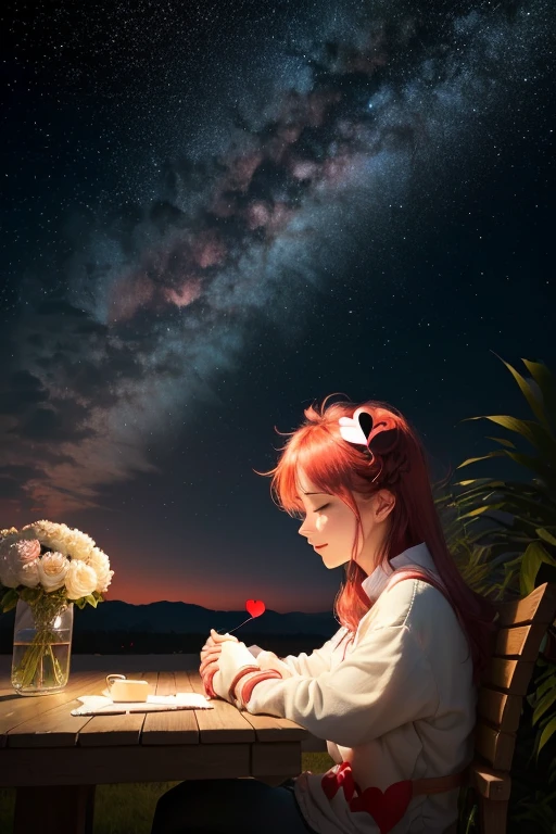 Make a heart in the red sky and hugging yourself
