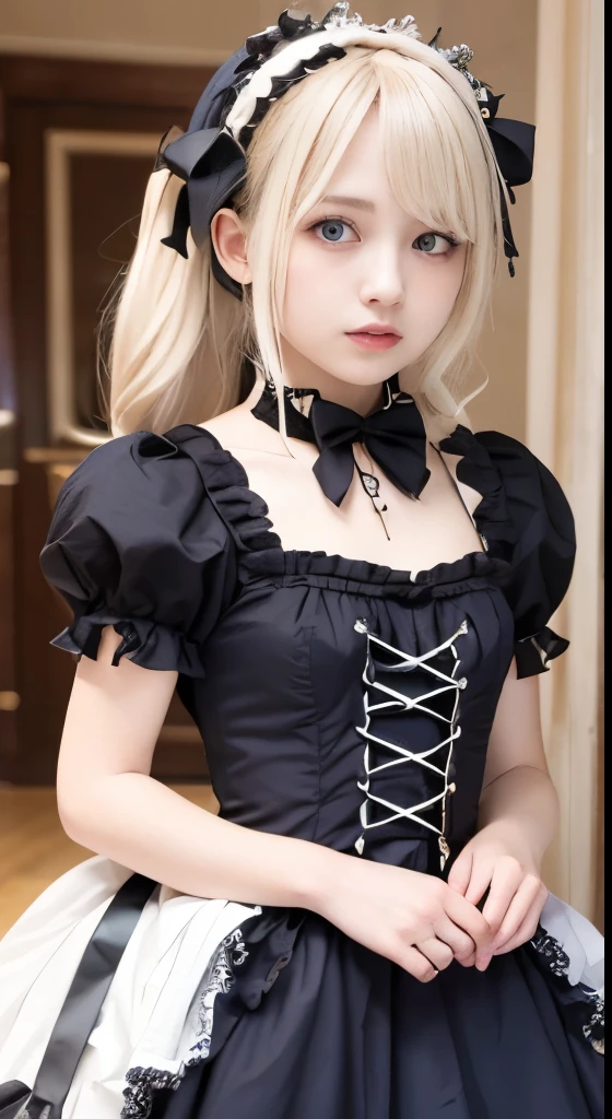 (Tabletop, Highest quality:1.2), 8K, 85mm, Official Art, RAW Photos, Absurd, Platinum Blonde Hair, (blue eyes, ta Fashion, Sweet LoliGothic, dress:1.2), Idol's face, Upper Body, beautiful girl, Gardeniass, Copenhagen, Short sleeve, grace, Sophisticated, Gardenia, View your viewers, Film Grain, chromatic aberration, Sharp focus, Face Light, Dynamic Lighting, Cinema Lighting, Detailed face, Bokeh Background