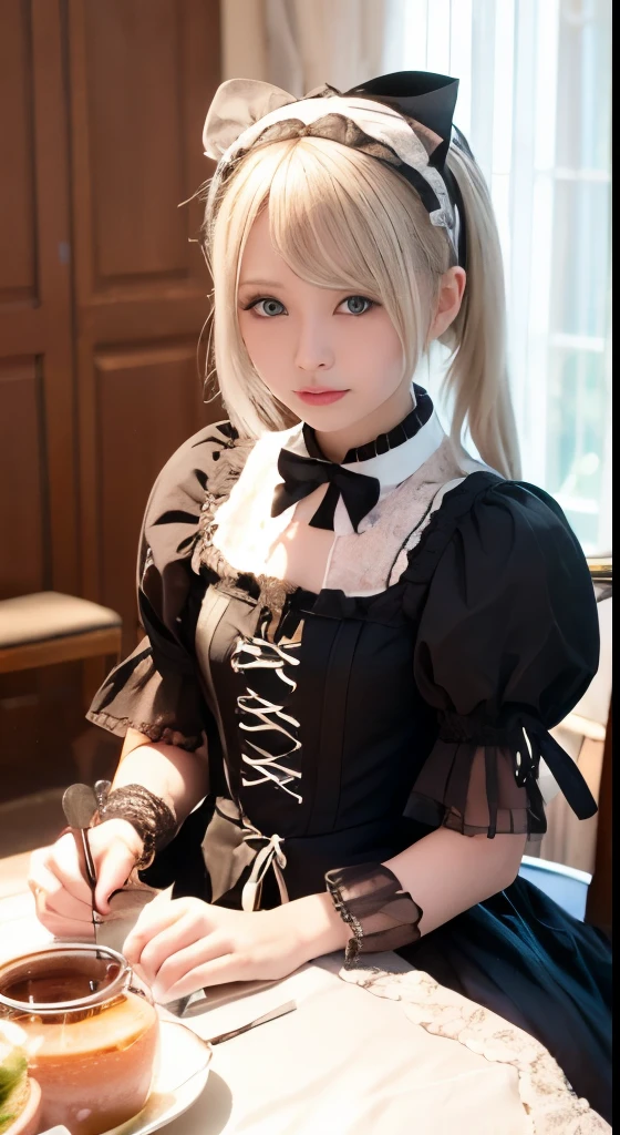 (Tabletop, Highest quality:1.2), 8K, 85mm, Official Art, RAW Photos, Absurd, Platinum Blonde Hair, (blue eyes, Lolita Fashion, Sweet Lolita, Gothic, dress:1.2), Idol's face, Upper Body, beautiful girl, Gardeniass, Copenhagen, Short sleeve, grace, Sophisticated, Gardenia, View your viewers, Film Grain, chromatic aberration, Sharp focus, Face Light, Dynamic Lighting, Cinema Lighting, Detailed face, Bokeh Background