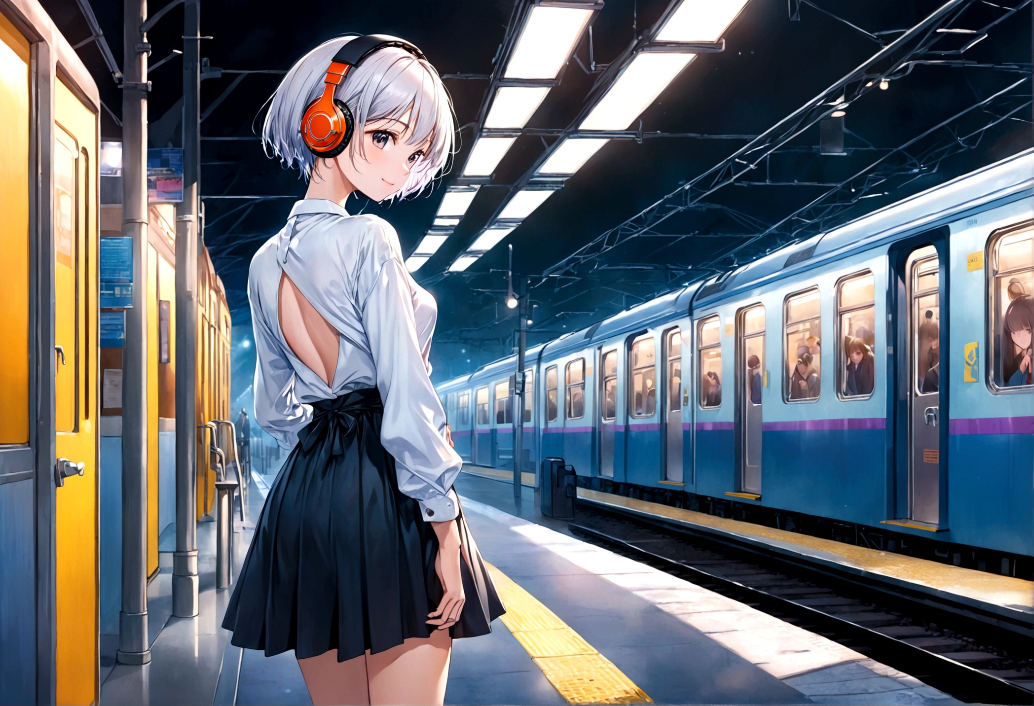 masterpiece, (((wearing headphones))). (anime girl posing). ((1990s anime)). ((City Pop girl)). Gorgeous features . Hyper detailed. High definition. Anime style. HDR. 8k. This contrast between the fantastical character and the more bold color scheme and elements gives the piece an intriguing narrative quality. painted realism, photorealistic, fantasy digital art,Render Related Information: 32K resolution,Expressive details, Season: summer, Time: Dawn, (((Waiting on the station platform to catch the train before going to school ))),full body,smile.Moonlight illuminates the dimly lit room.90s,short hair girl,beautiful girl,(((A woman whose back can be seen up to her waist))),（woman ）,