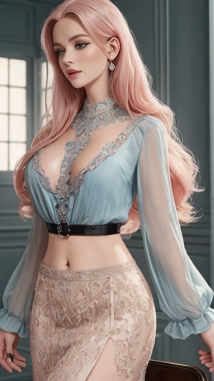 a woman with long elegant pink hair, extremely detailed beautiful face, beautiful detailed eyes, beautiful detailed lips, longeyelashes, high-resolution, intricate details, photorealistic, 8k, hyperrealistic, hyper detailed, chiaroscuro lighting, soft lighting, dramatic lighting, melancholic, serene, elegant, sensual, alluring, graceful, translucent black mini skirt, transparent blouse, , standing in front of a light blue wall, lush environment, ambient lighting, photographic, high quality, masterpiece, dramatic, cinematic, beautiful