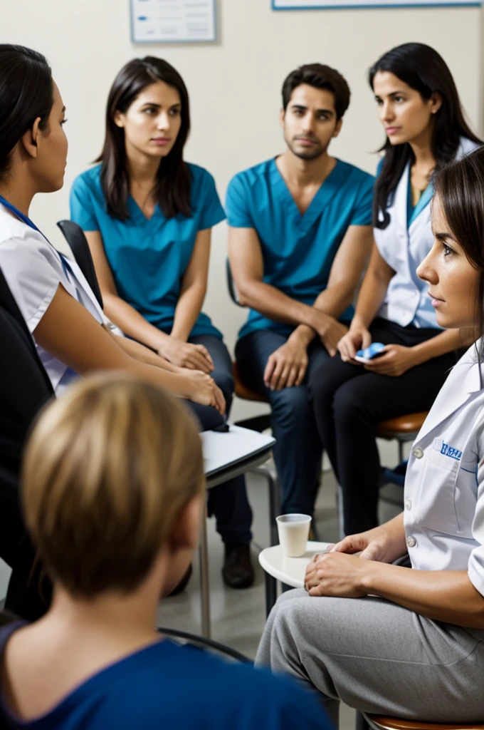 Create a photograph where several people are in a health center meeting with a doctor giving a talk about alcoholism or addictions