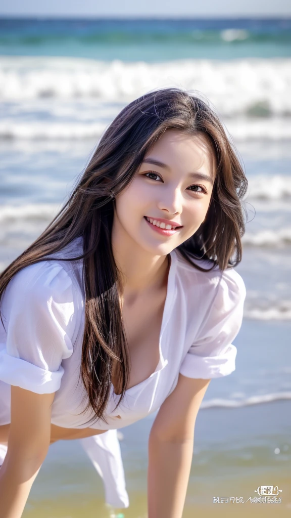 Tabletop、(Highest quality、4K、8K、High resolution、Masterpiece: 1.2)、Super detailed、(Real、Photorealistic、Photorealistic: 1.37)、Full Body Shot、Complex and beautiful eyes、woman、long hair、Natural color lip、whiteＴshirt、Bold and ???? pose、smile、Ocean、 year old girl、A cute and ???? shot looking straight at the camera。