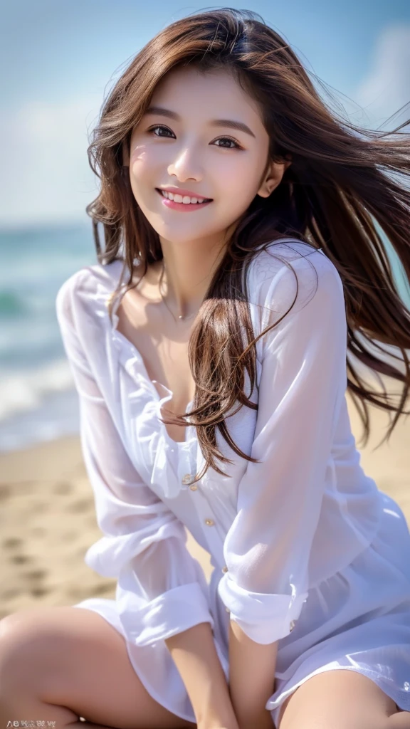 Tabletop、(Highest quality、4K、8K、High resolution、Masterpiece: 1.2)、Super detailed、(Real、Photorealistic、Photorealistic: 1.37)、Full Body Shot、Complex and beautiful eyes、woman、long hair、Natural color lip、whiteＴshirt、Bold and sexy pose、smile、Ocean、 year old girl、A cute and sexy shot looking straight at the camera。