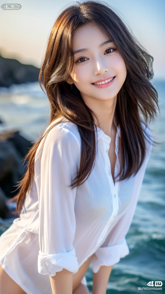 Tabletop、(Highest quality、4K、8K、High resolution、Masterpiece: 1.2)、Super detailed、(Real、Photorealistic、Photorealistic: 1.37)、Full Body Shot、Complex and beautiful eyes、woman、long hair、Natural color lip、whiteＴshirt、Bold and  pose、smile、Ocean、 year old girl、A cute and  shot looking straight at the camera。