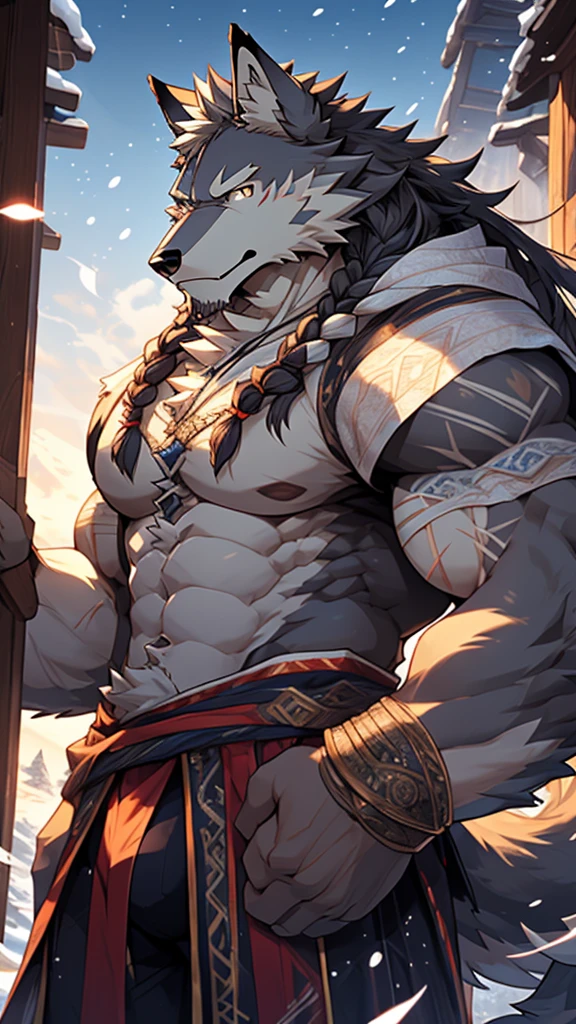 elder,gentle and soft,icey magic power,long white beard,long braided hair,solo, kemono, (old grey wolf), anthro (old wolf), anthro, male, anthro male (old wolf), anthro (old wolf), tail,muscles, handsome, general, loose cloth ,bulge, big abs, northern area,wind and snowstorm,perfect lighting, (light particles),(best quality),(masterpiece),(ultra detailed),sharp focus, light particles, strong, serious,rippled muscles, ultradetailed face, ultradetailed eyes, looking at viewer, good looking, bareness, ((detailed face)),a lot of scars,the elder,elder face