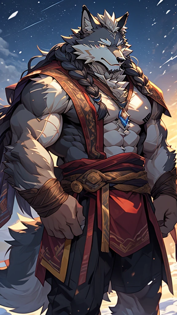 elder，gentle and soft，icey magic power，long white beard，long braided hair，solo, kemono, (old grey wolf), anthro (old wolf), anthro, male, anthro male (old wolf), anthro (old wolf), tail,muscles, handsome, general, loose cloth ,bulge, big abs, northern area,wind and snowstorm,perfect lighting, (light particles),(best quality),(masterpiece),(ultra detailed),sharp focus, light particles, strong, serious,rippled muscles, ultradetailed face, ultradetailed eyes, looking at viewer, good looking, bareness, ((detailed face)),a lot of scars,the elder，elder face