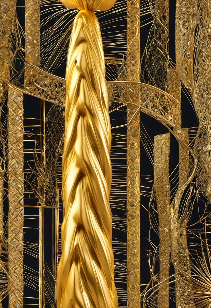 An eccentric and abstract sculpture of a phallus made of gold, detailed