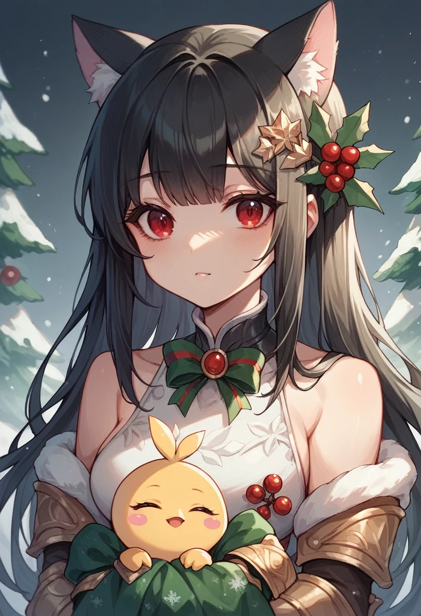 1 chica, long hair slightly wavy slightly past the shoulders, black bangs, small black pigtails on the sides, cute cat ears, beautiful thin red eyes,, ,sexy ,armadura blanca ,snowy christmas pine forest
