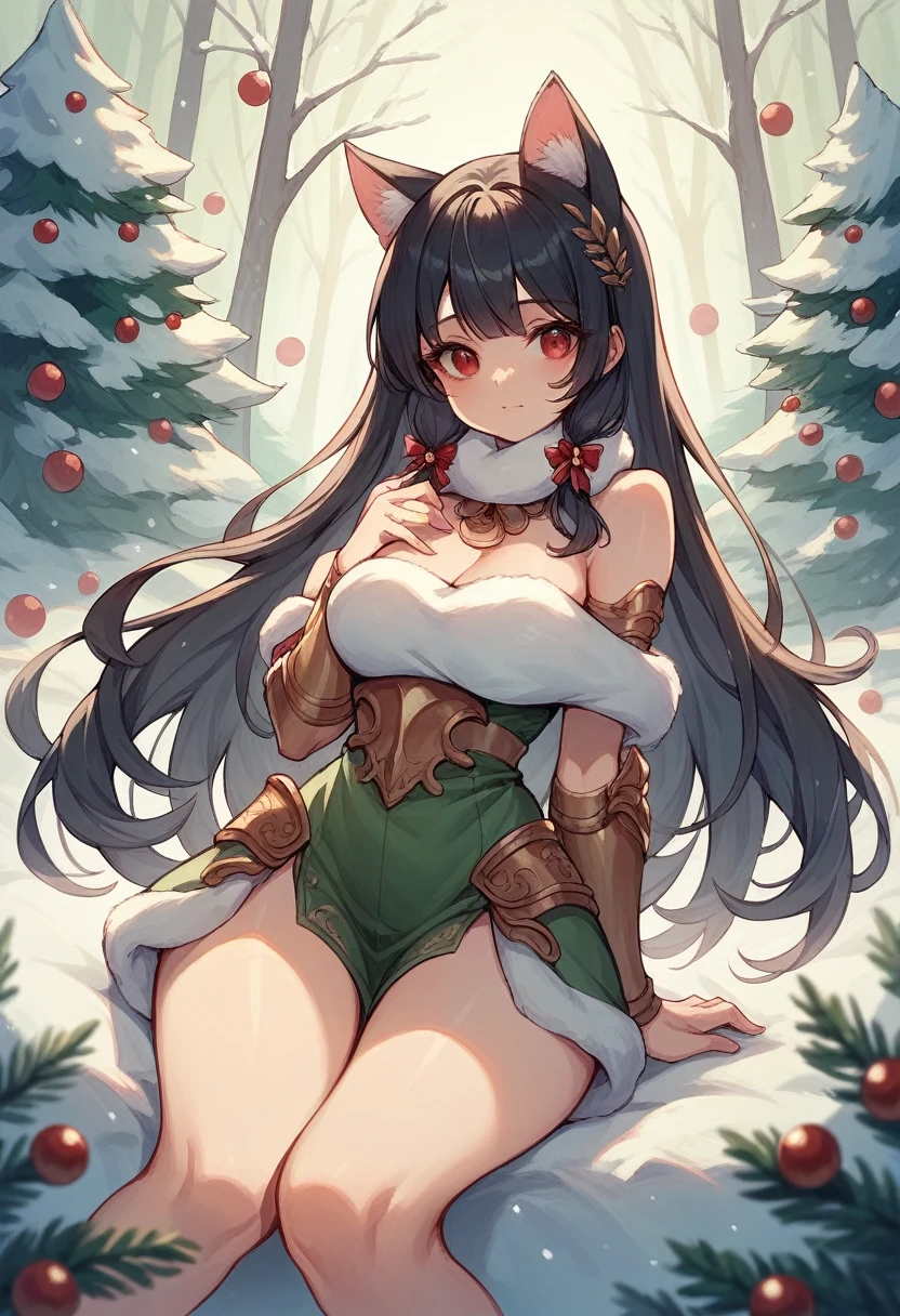 1 chica, long hair slightly wavy slightly past the shoulders, black bangs, small black pigtails on the sides, cute cat ears, beautiful thin red eyes,, ,sexy ,armadura blanca ,snowy christmas pine forest