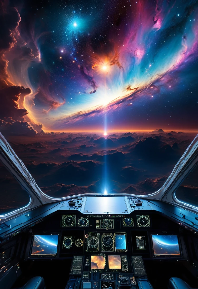 Looking through the glass shield of a spaceship's cockpit window, the mesmerizing beauty of a nebulous cosmic scene unfolds. Boundless expanses of velvet-black space filled with glowing oxygen-rich gas clouds. Aulating menacingly at the nebula's center, a colossal black hole shielded in an aura of ominous light, marking the final destination of countless dying stars. Detailed cosmic weather phenomena scatter the surroundings, punctuated by a symphony of inconceivable cosmic energies