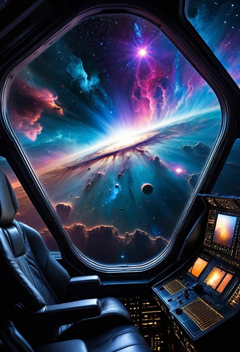 Looking through the glass shield of a spaceship's cockpit window, the mesmerizing beauty of a nebulous cosmic scene unfolds. Boundless expanses of velvet-black space filled with glowing oxygen-rich gas clouds. Aulating menacingly at the nebula's center, a colossal black hole shielded in an aura of ominous light, marking the final destination of countless dying stars. Detailed cosmic weather phenomena scatter the surroundings, punctuated by a symphony of inconceivable cosmic energies