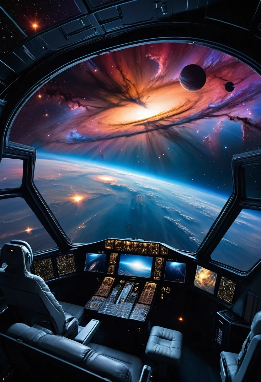 Looking through the glass shield of a spaceship's cockpit window, the mesmerizing beauty of a nebulous cosmic scene unfolds. Boundless expanses of velvet-black space filled with glowing oxygen-rich gas clouds. Aulating menacingly at the nebula's center, a colossal black hole shielded in an aura of ominous light, marking the final destination of countless dying stars. Detailed cosmic weather phenomena scatter the surroundings, punctuated by a symphony of inconceivable cosmic energies